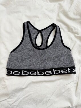 Bebe Gray Heather Racerback Sports Bra Logo Band Medium Support Size L